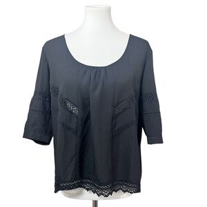 Victoria’s Secret Black Lace Trim Sheer Blouse Small Boho Crochet Hem